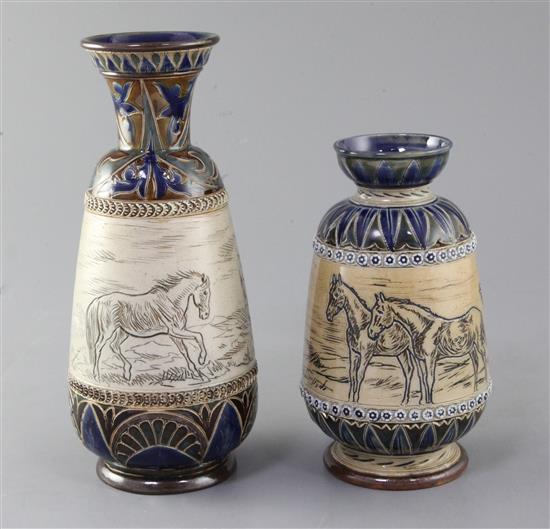 Two Doulton Lambeth stoneware sgraffito vases, by Hannah and Florence Barlow, dated 1883 and 1875, 23cm and 17.5cm